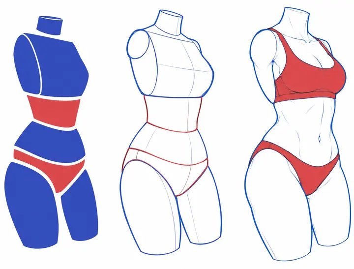 Torso from blocks to finished forms — drawing reference by SodaGuy