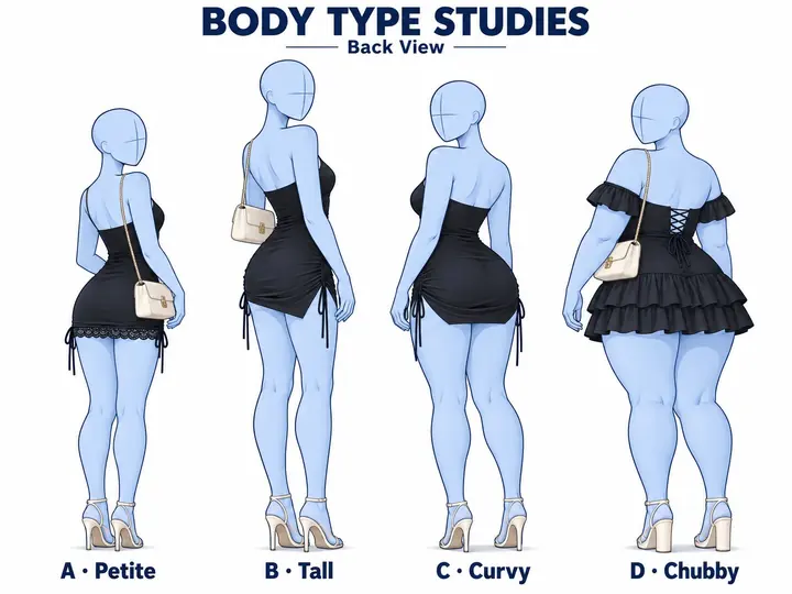 Four builds in one dress, back view — drawing reference by SodaGuy